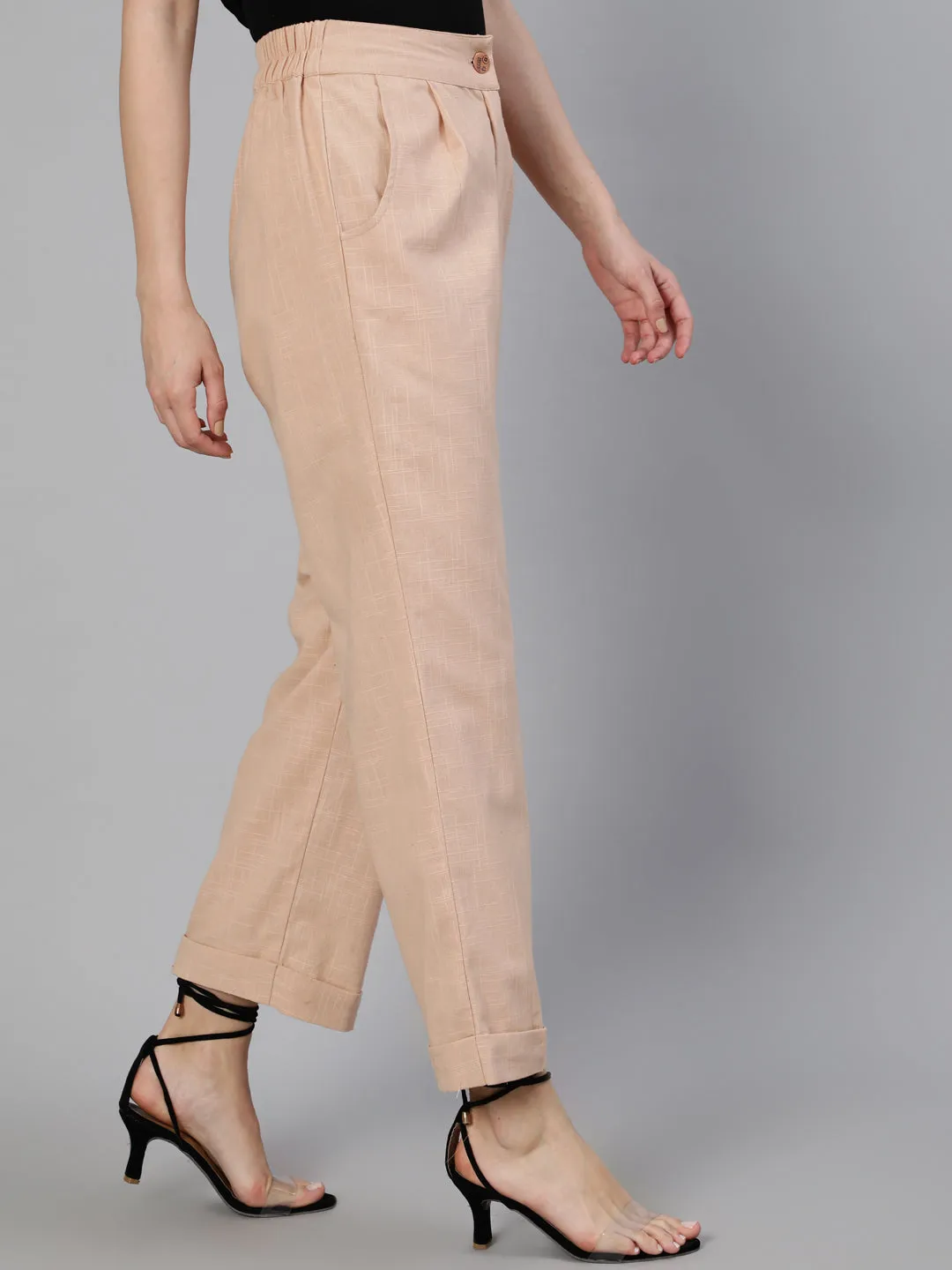 Pink Clay Cotton Slub Straight High Rise Bottom Fold Pants