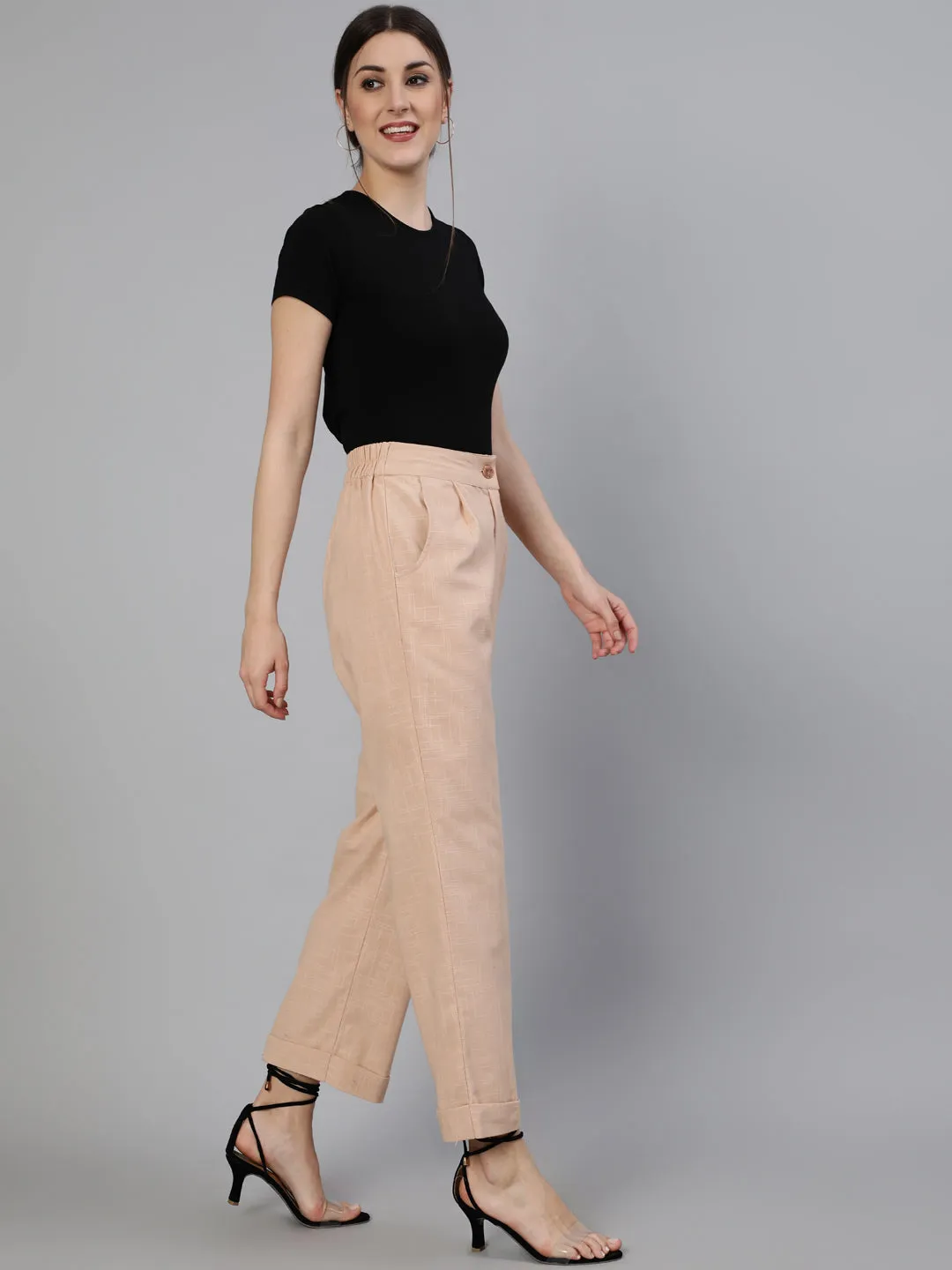 Pink Clay Cotton Slub Straight High Rise Bottom Fold Pants