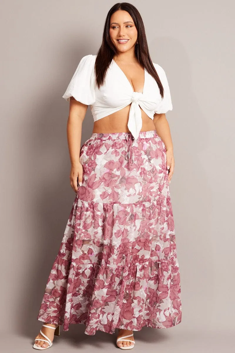 Pink Floral Elastic Waist Chiffon Maxi Skirt