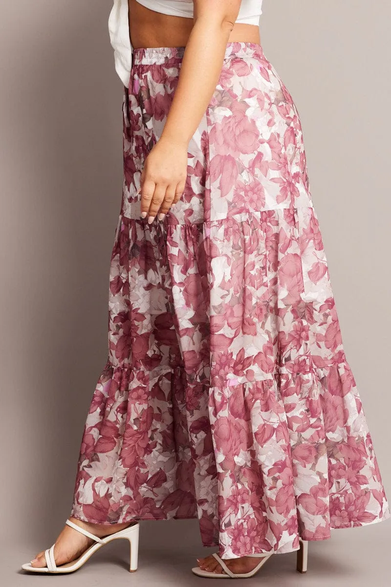 Pink Floral Elastic Waist Chiffon Maxi Skirt