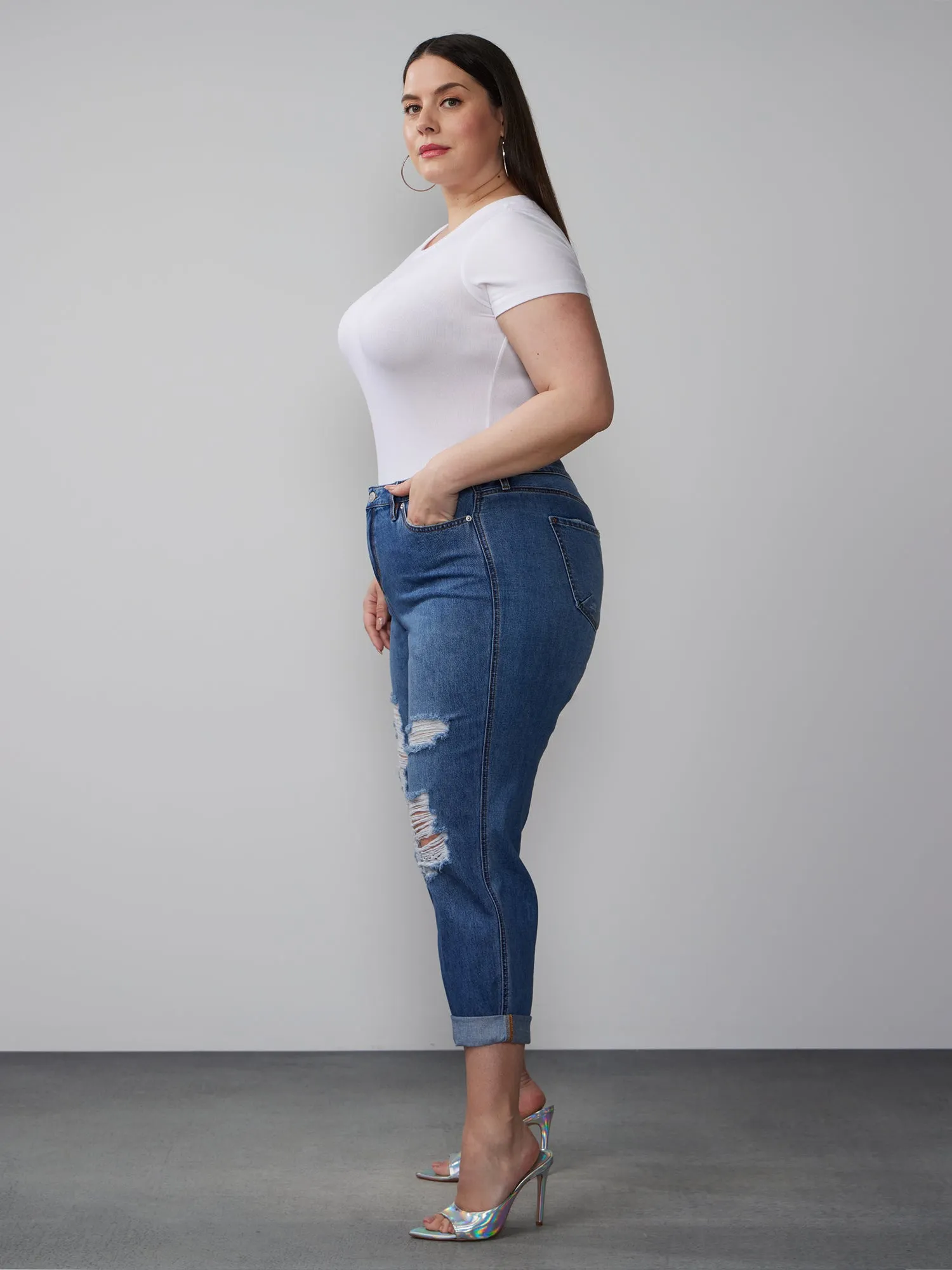 Plus Curvy Mid Rise Destroyed Jeans