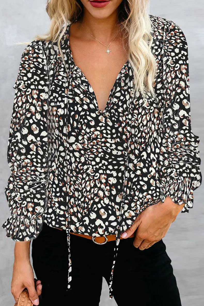 Printed shirt v-neck long-sleeved t-shirt