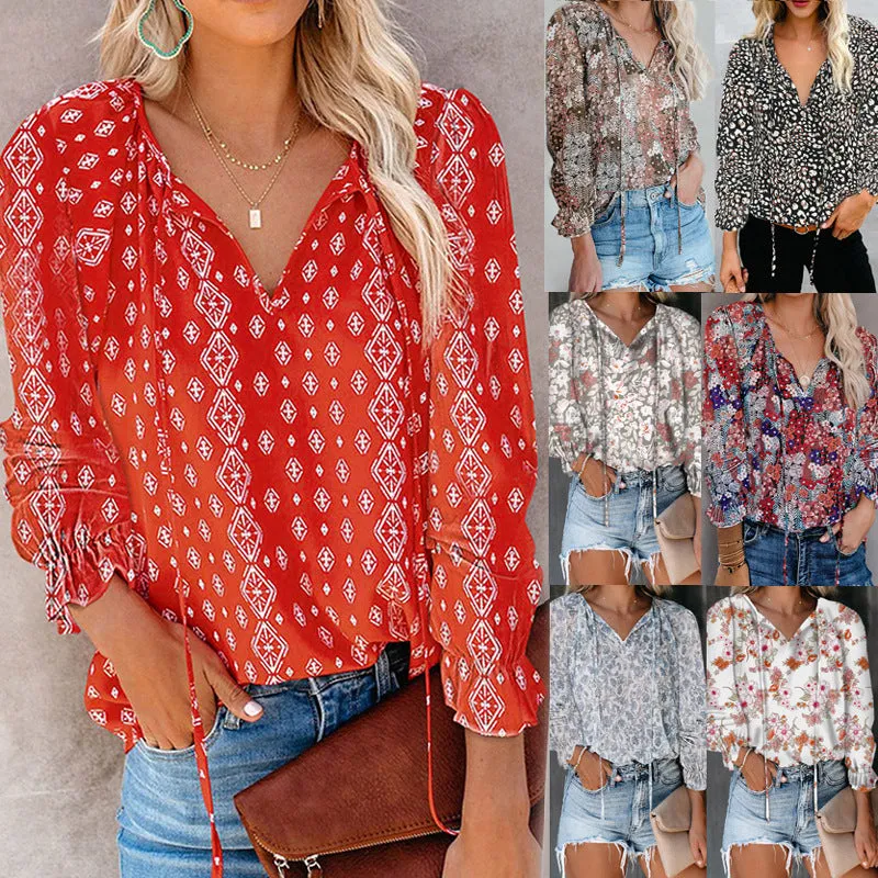 Printed shirt v-neck long-sleeved t-shirt