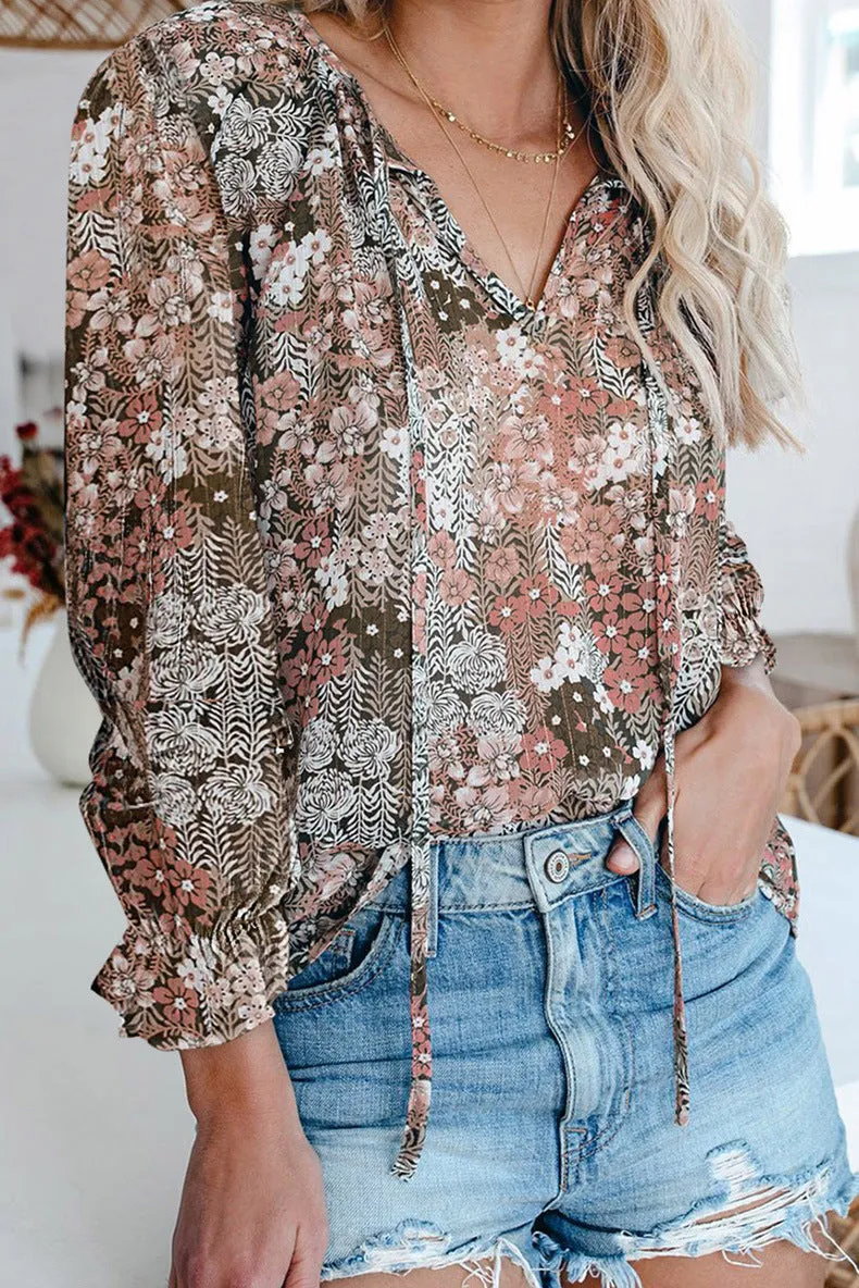 Printed shirt v-neck long-sleeved t-shirt