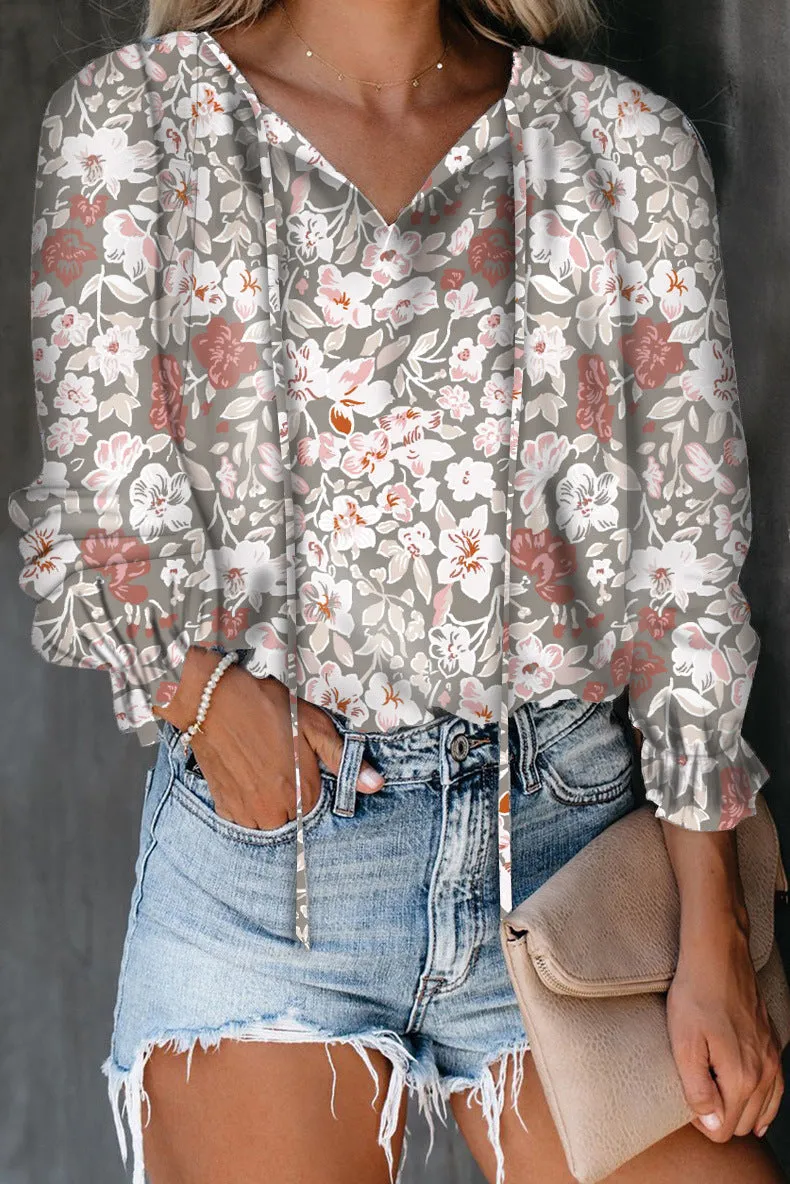 Printed shirt v-neck long-sleeved t-shirt