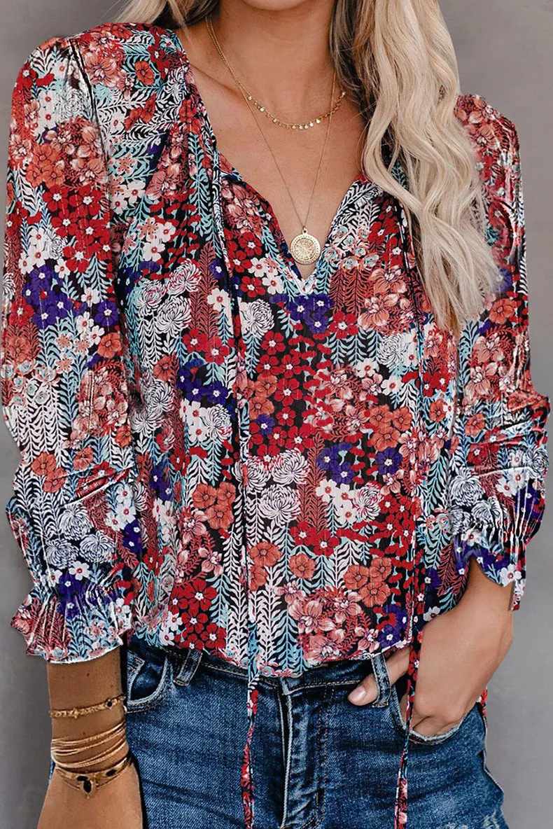 Printed shirt v-neck long-sleeved t-shirt