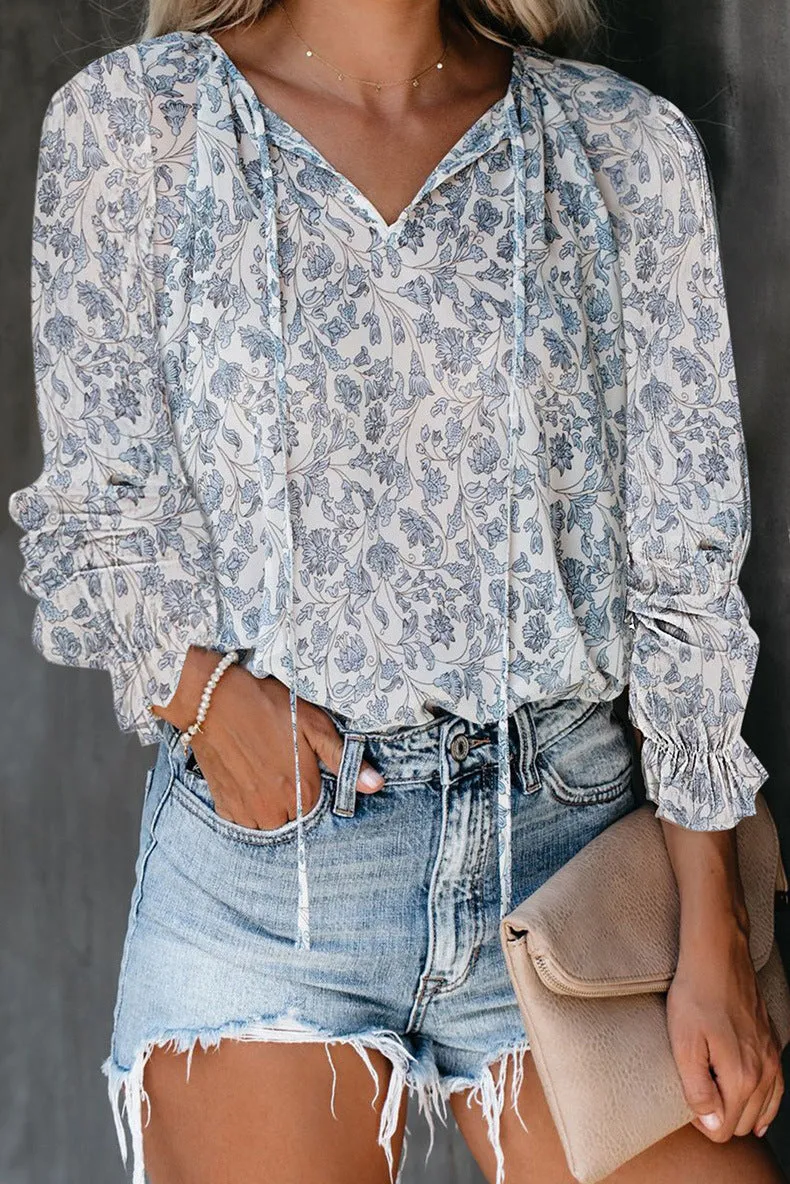 Printed shirt v-neck long-sleeved t-shirt