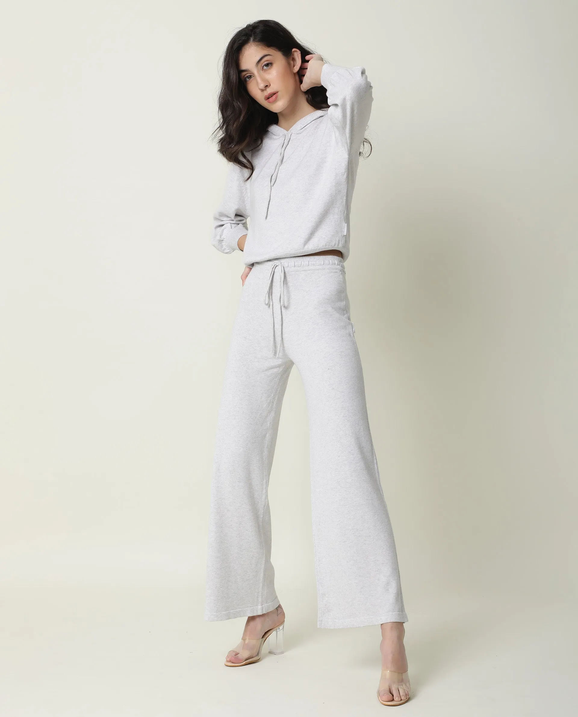 Rareism Women Finn Track Off White Cotton Fabric Flared Solid Mid Rise Ankle Length Track Pant