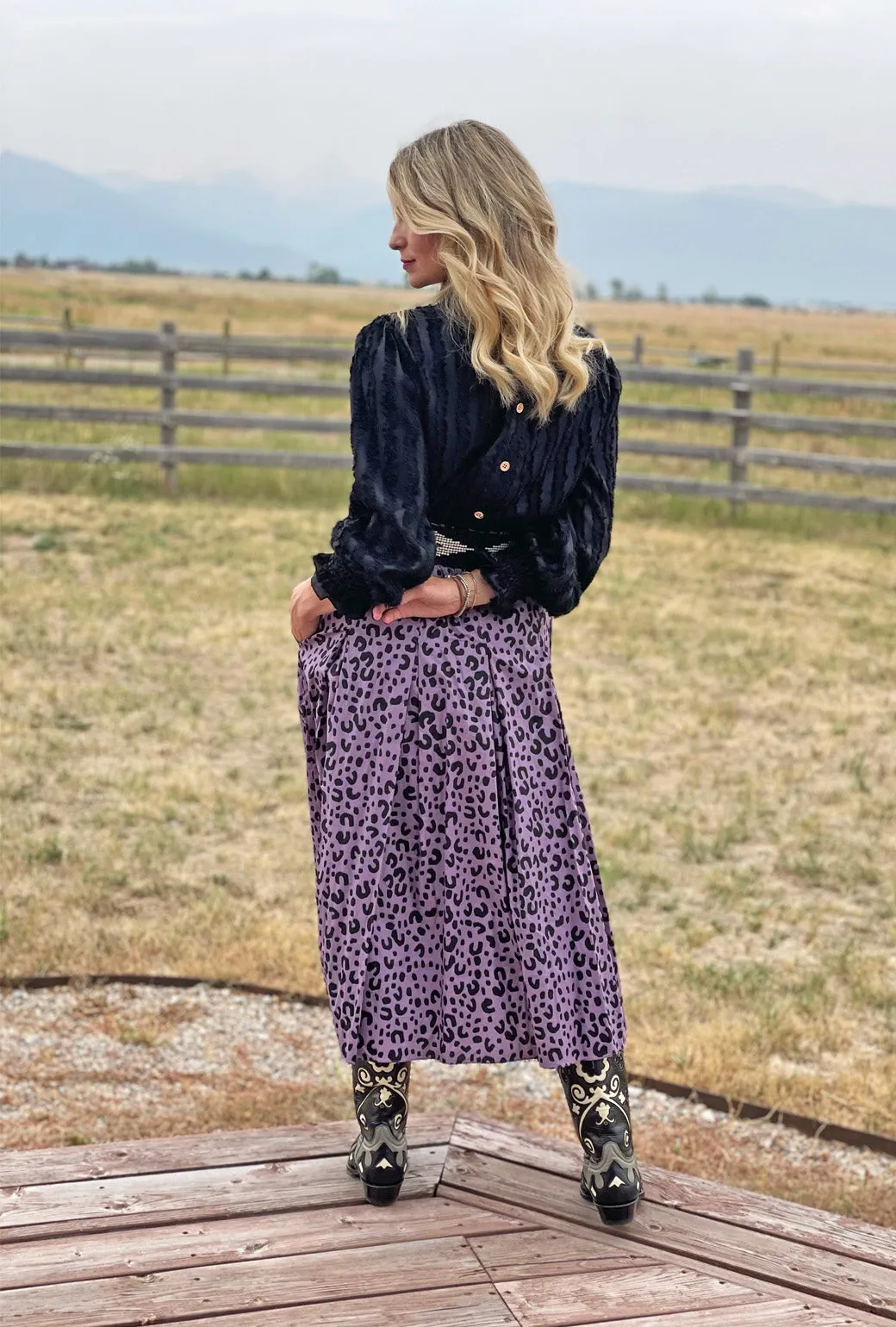 SAMPLE - Smocked Waist MIDI Skirt - Purple Cheetah