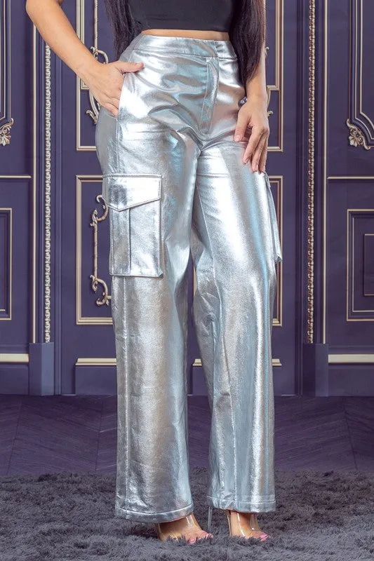 Silver Metallic Faux-Leather Flap Side Pocket Cargo Pants