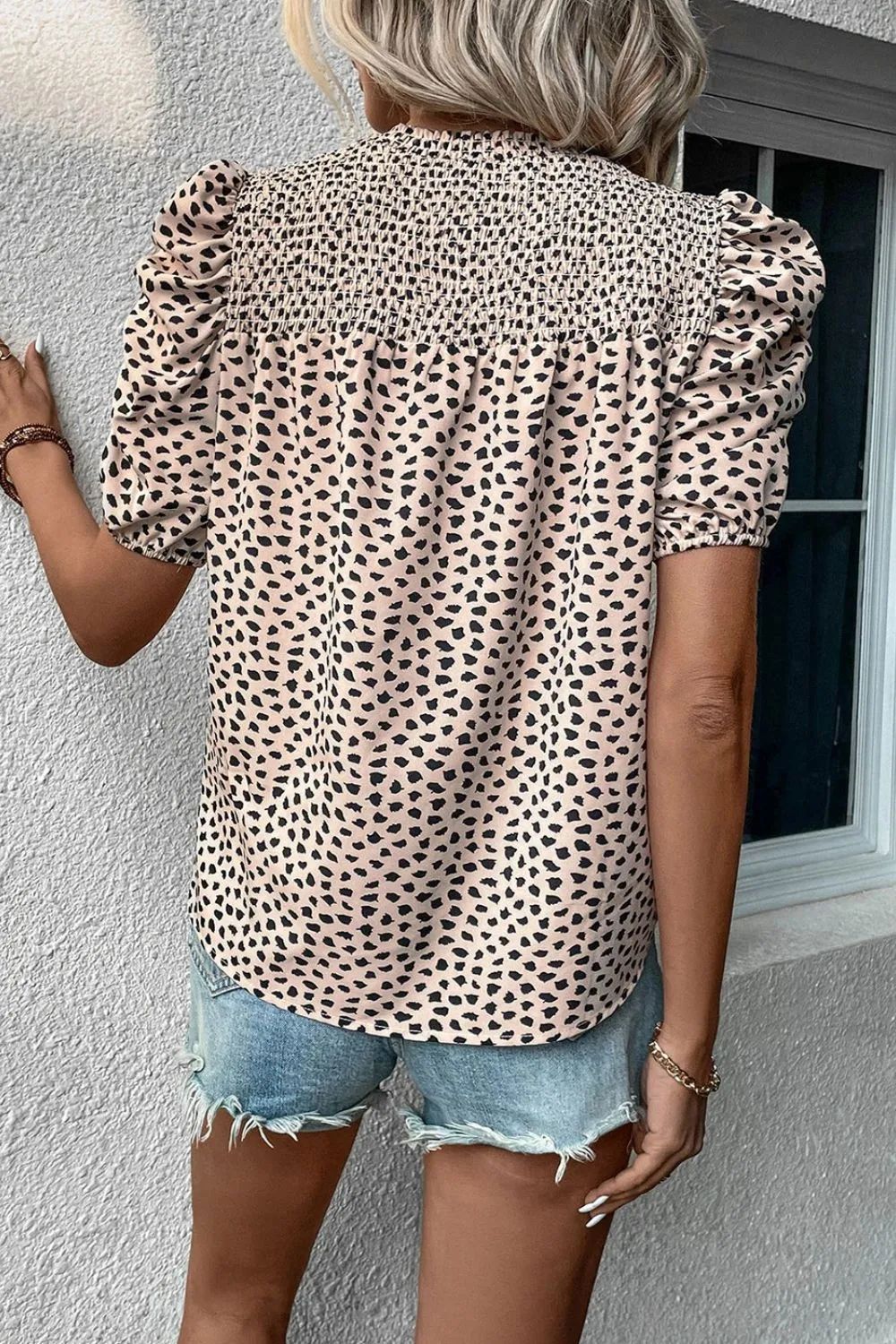 Smocked Animal Print Puff Sleeve Blouse