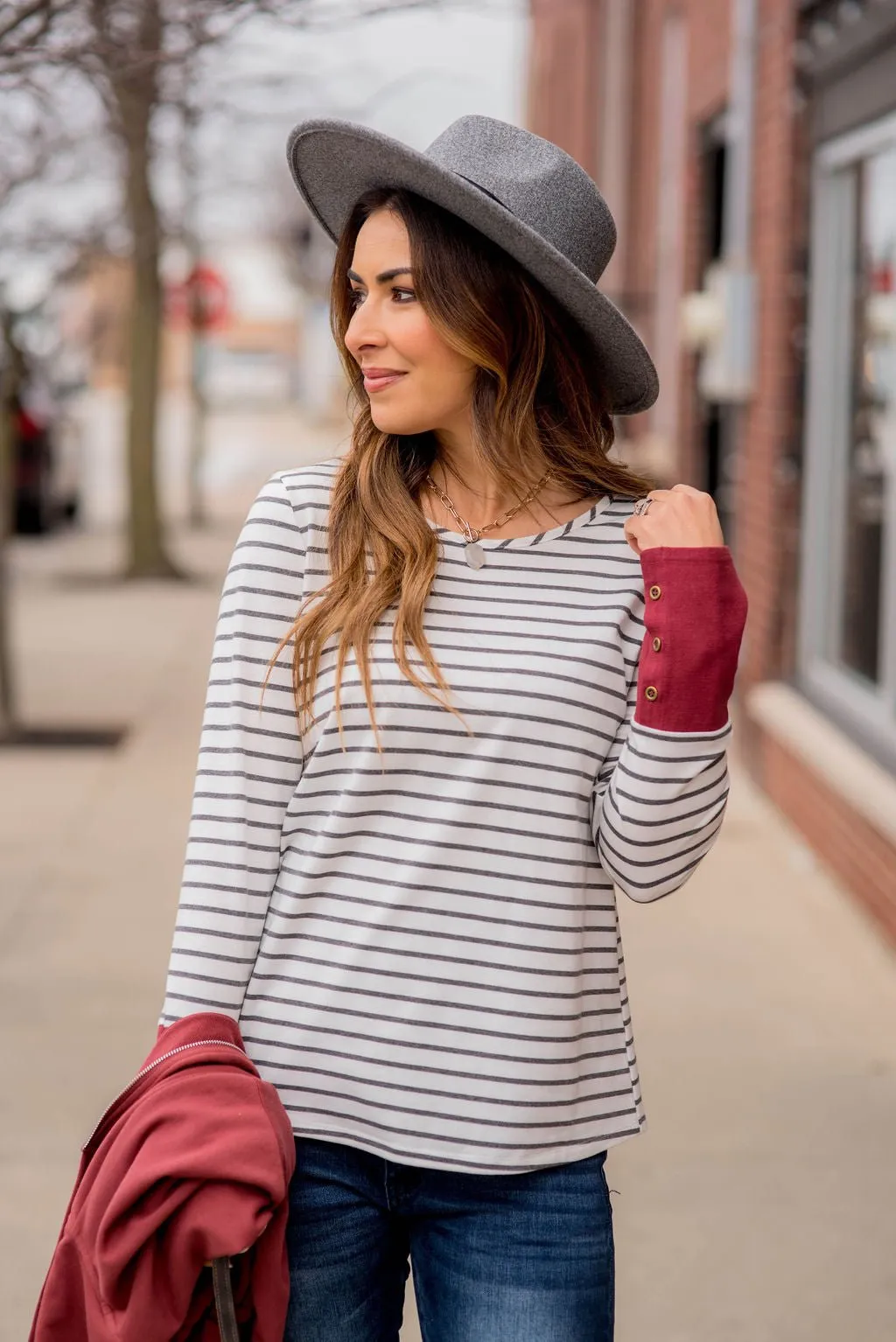 Striped Button Accent Long Sleeve