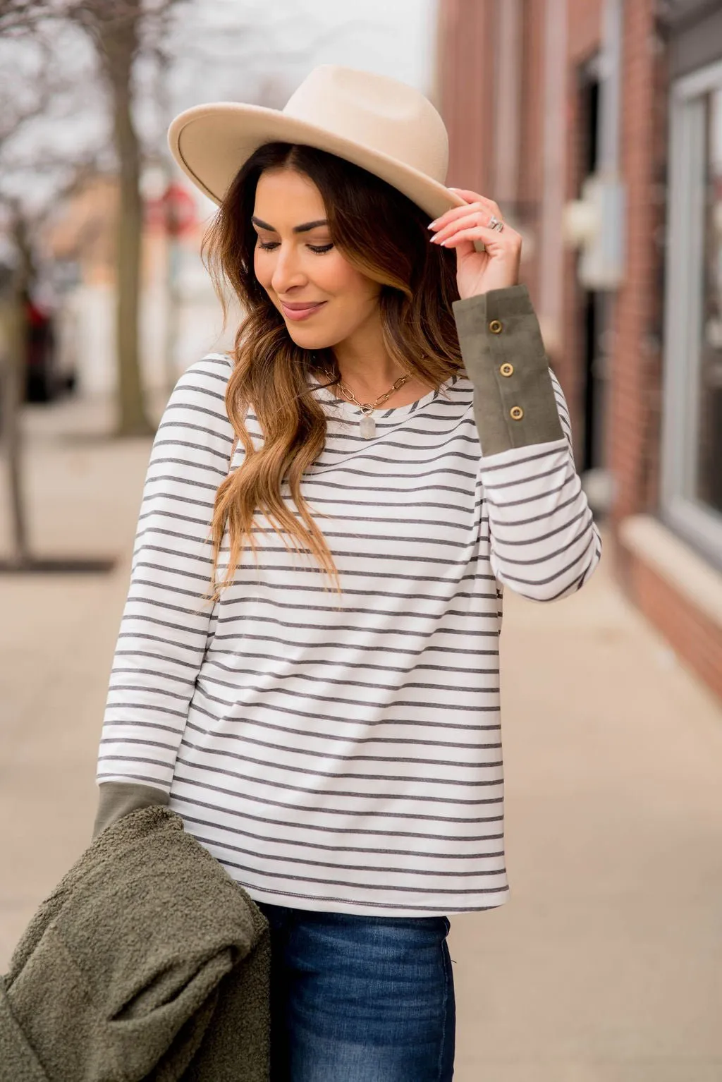 Striped Button Accent Long Sleeve