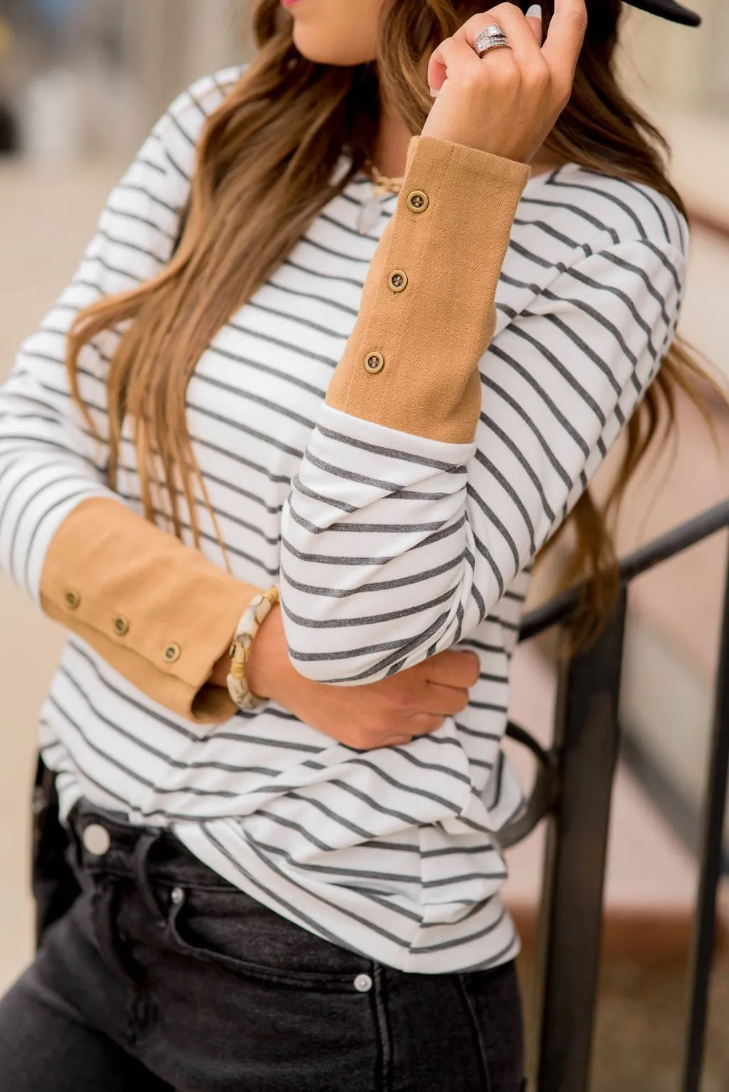 Striped Button Accent Long Sleeve