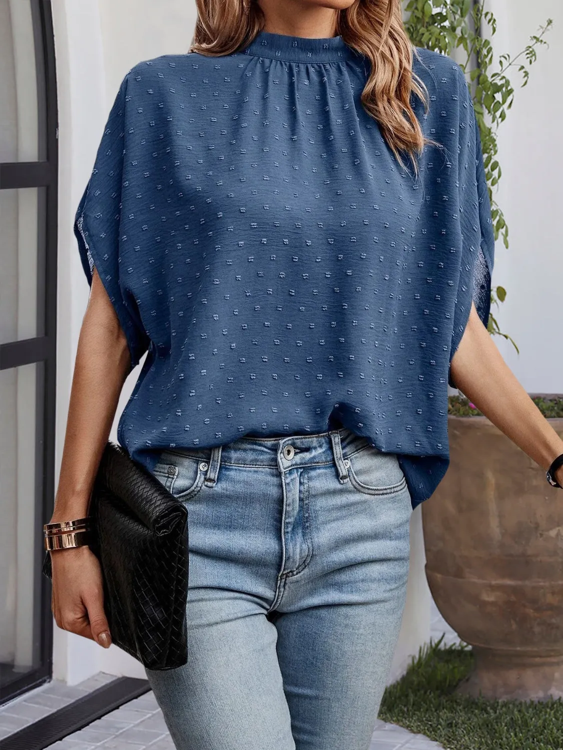 Swiss Dot Mock Neck Half Sleeve Blouse