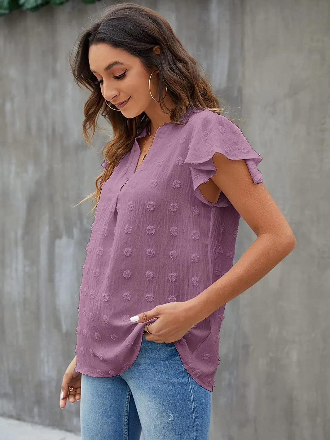 Swiss Dot Notched Flutter Sleeve Blouse