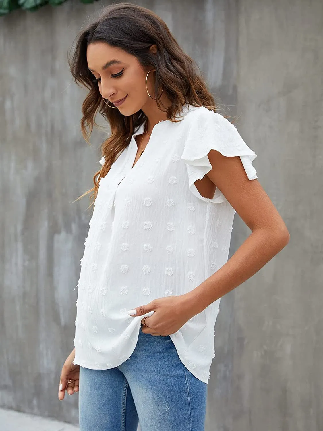 Swiss Dot Notched Flutter Sleeve Blouse