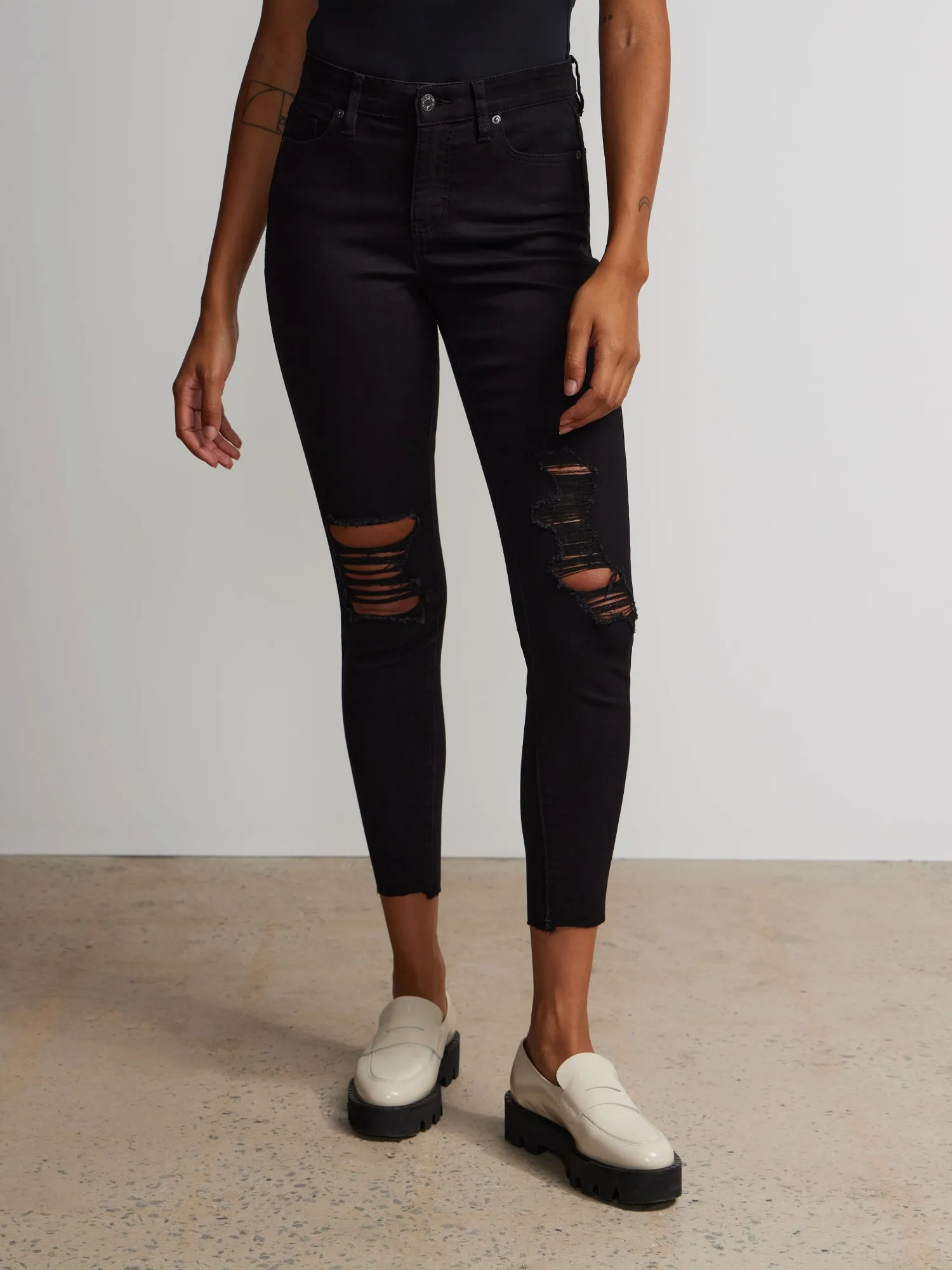 Tall Curvy High Rise Destructed Ankle Skinny Jean - Black