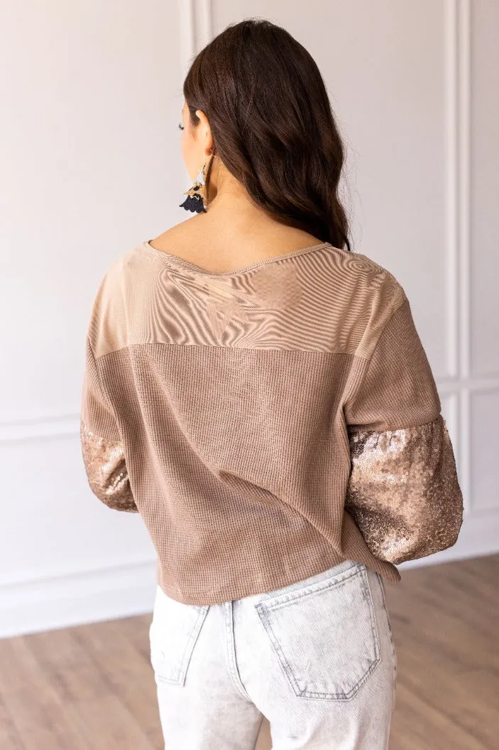 Tan Waffle Knit Top with Mesh and Sequin Details