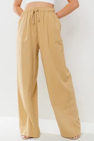 Taupe Solid Straight Pants With Elastic Waist Band