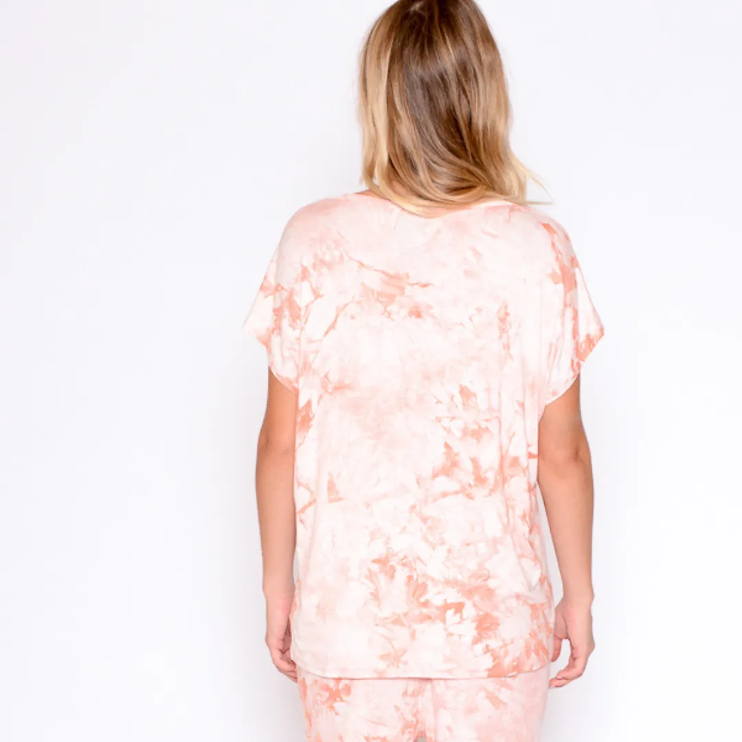 Tie Dye V-Neck Short Sleeve Shirt (peach)