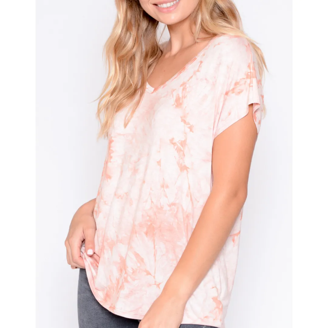 Tie Dye V-Neck Short Sleeve Shirt (peach)