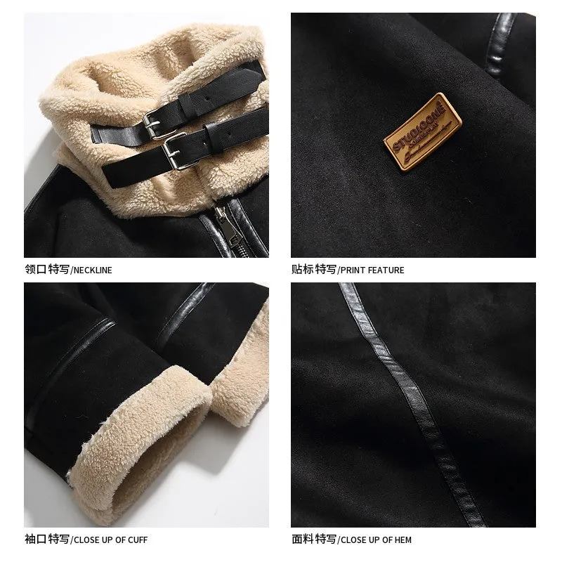 Unisex simple suede stand collar cotton coat men's plush warm cotton jackets