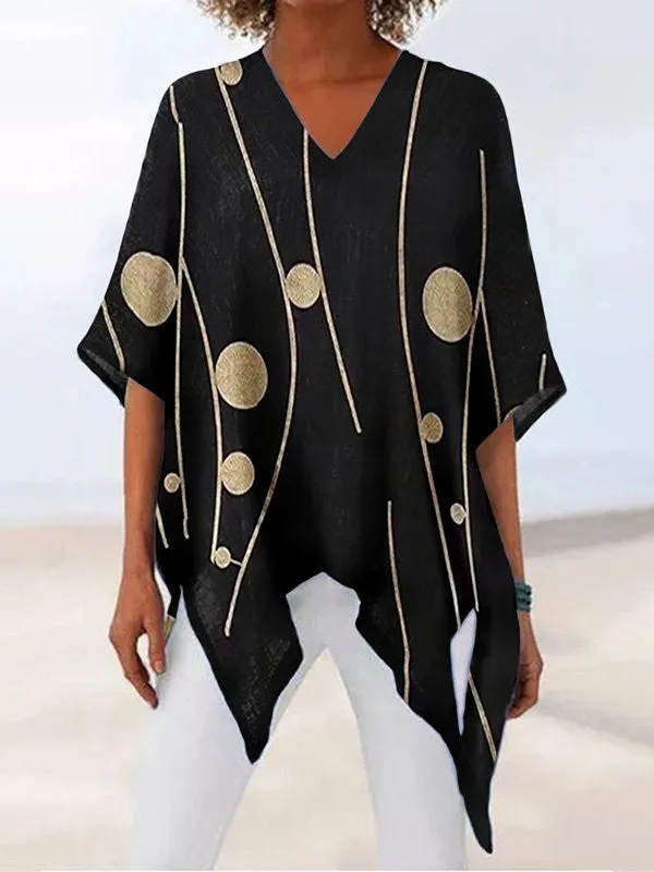 V-neck irregular sleeve print shirt