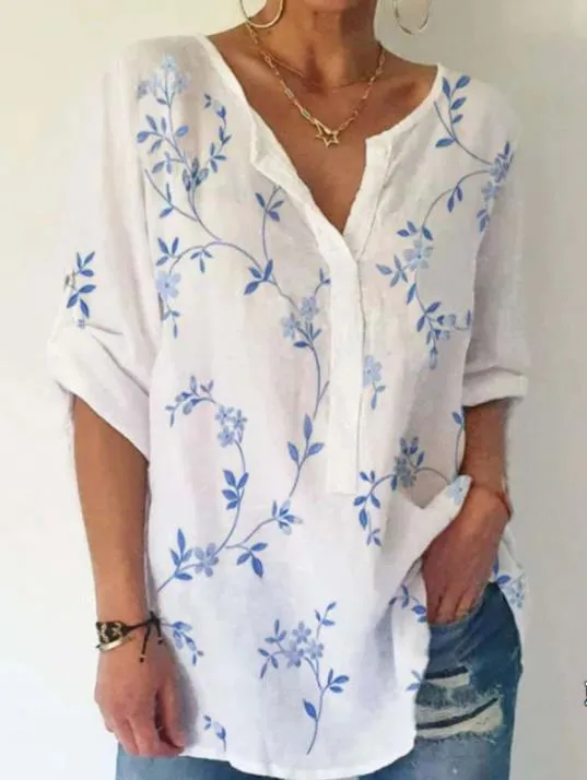 V-neck leaf print casual loose long-sleeved top