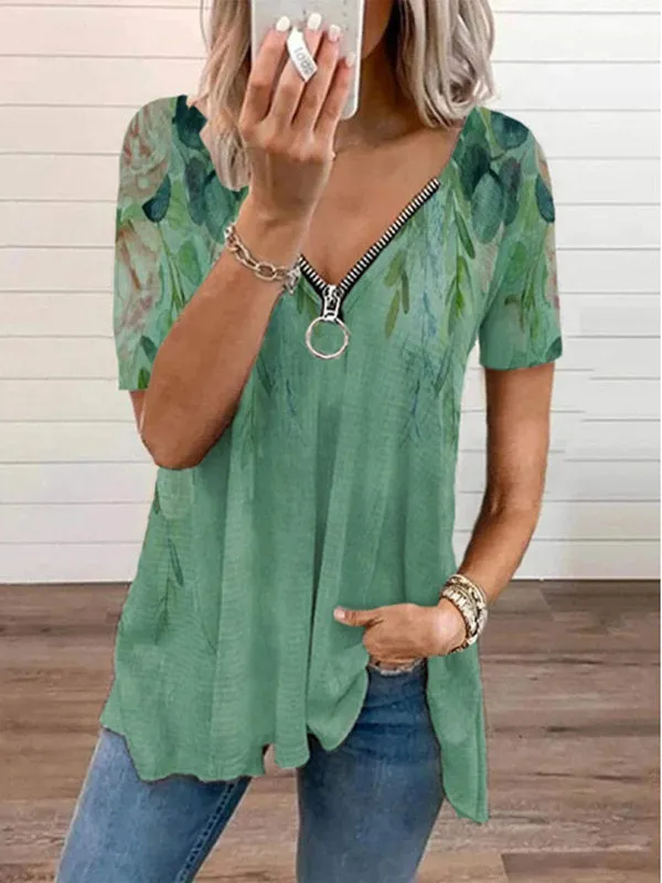 V-neck zipper retro zipper print short-sleeved shirt