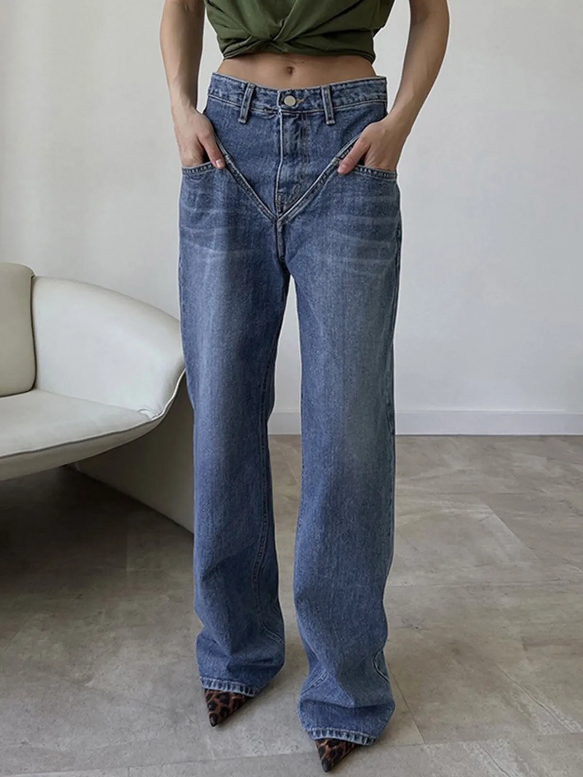 Vintage Wash Denim Trendy Straight Leg Jeans