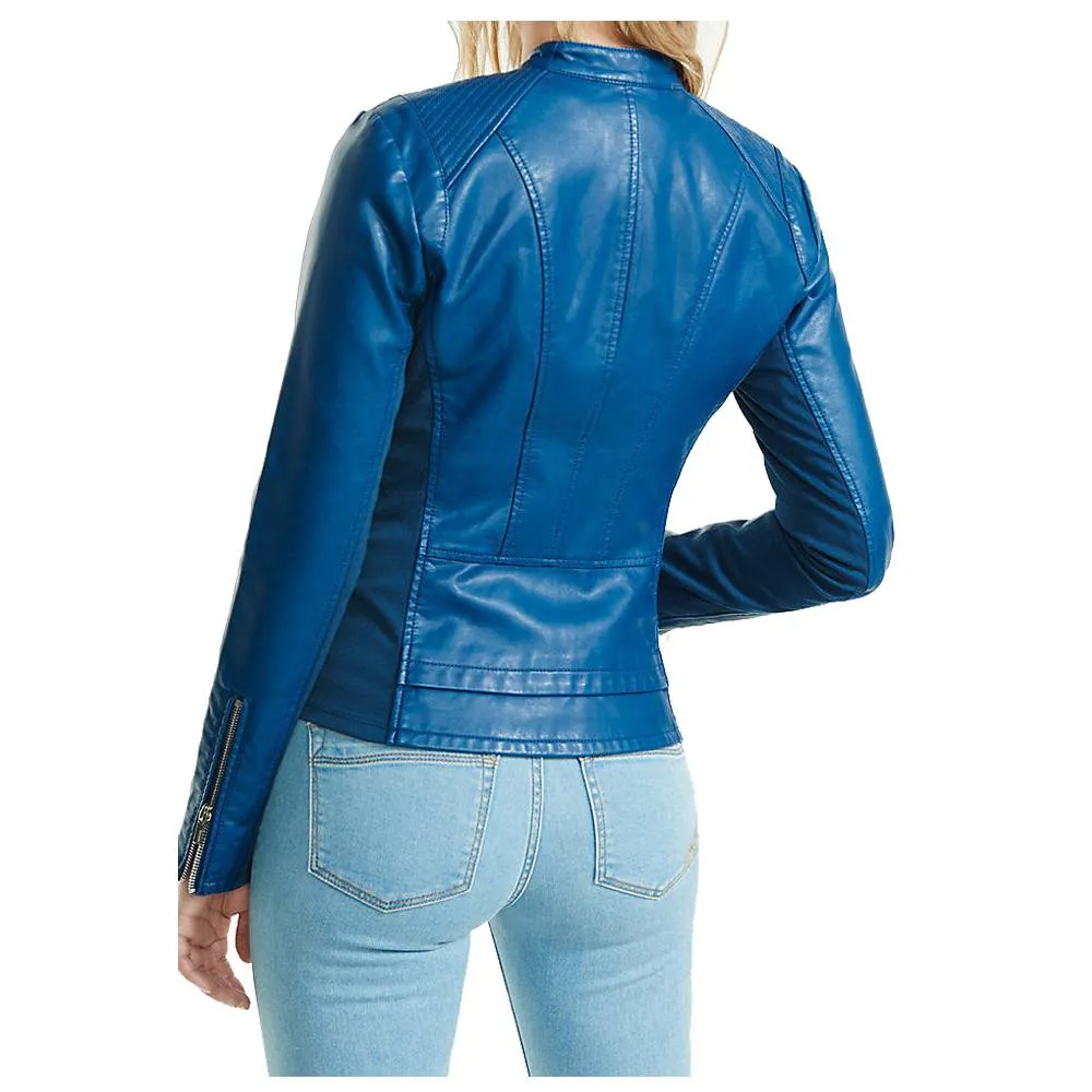 Women Blue Soft Lambskin Motorcycle Racer Leather Jacket