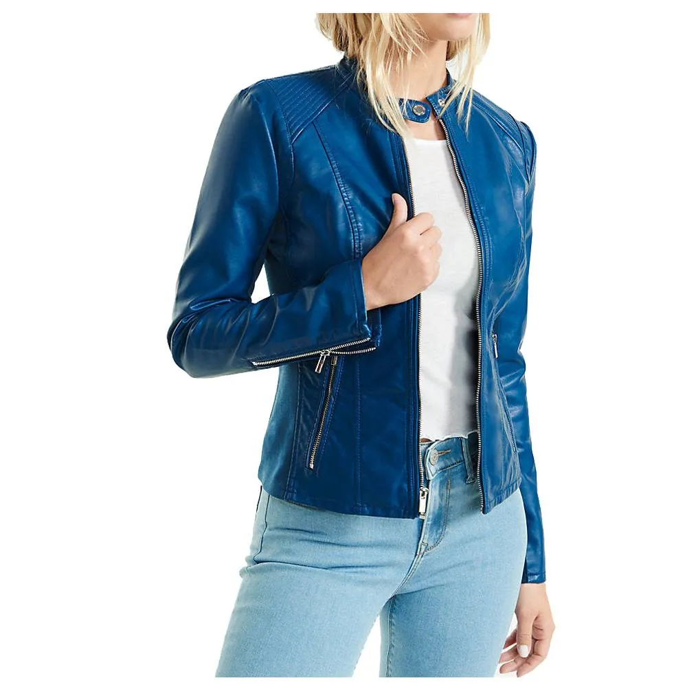 Women Blue Soft Lambskin Motorcycle Racer Leather Jacket