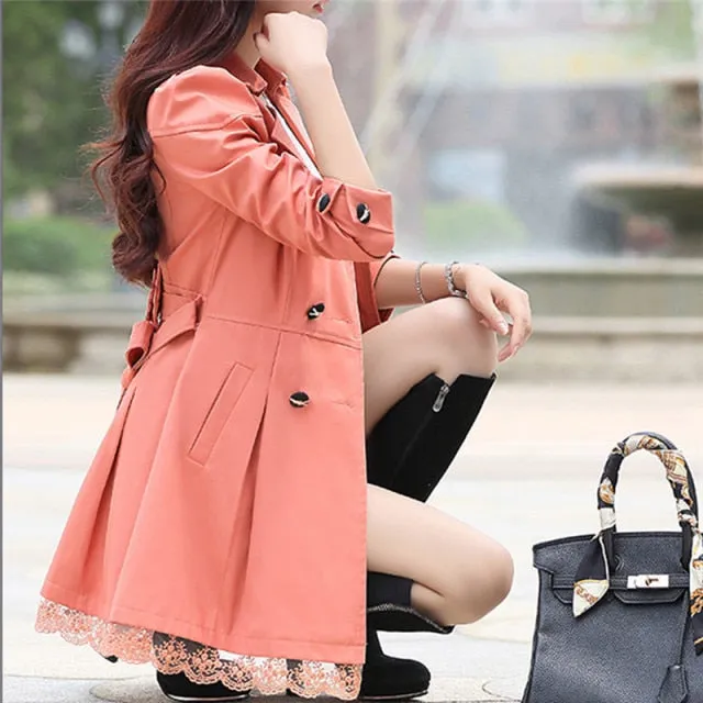 Women Fashion Loose Winter Warm Long Sleeve Button Lace Coat With Belt