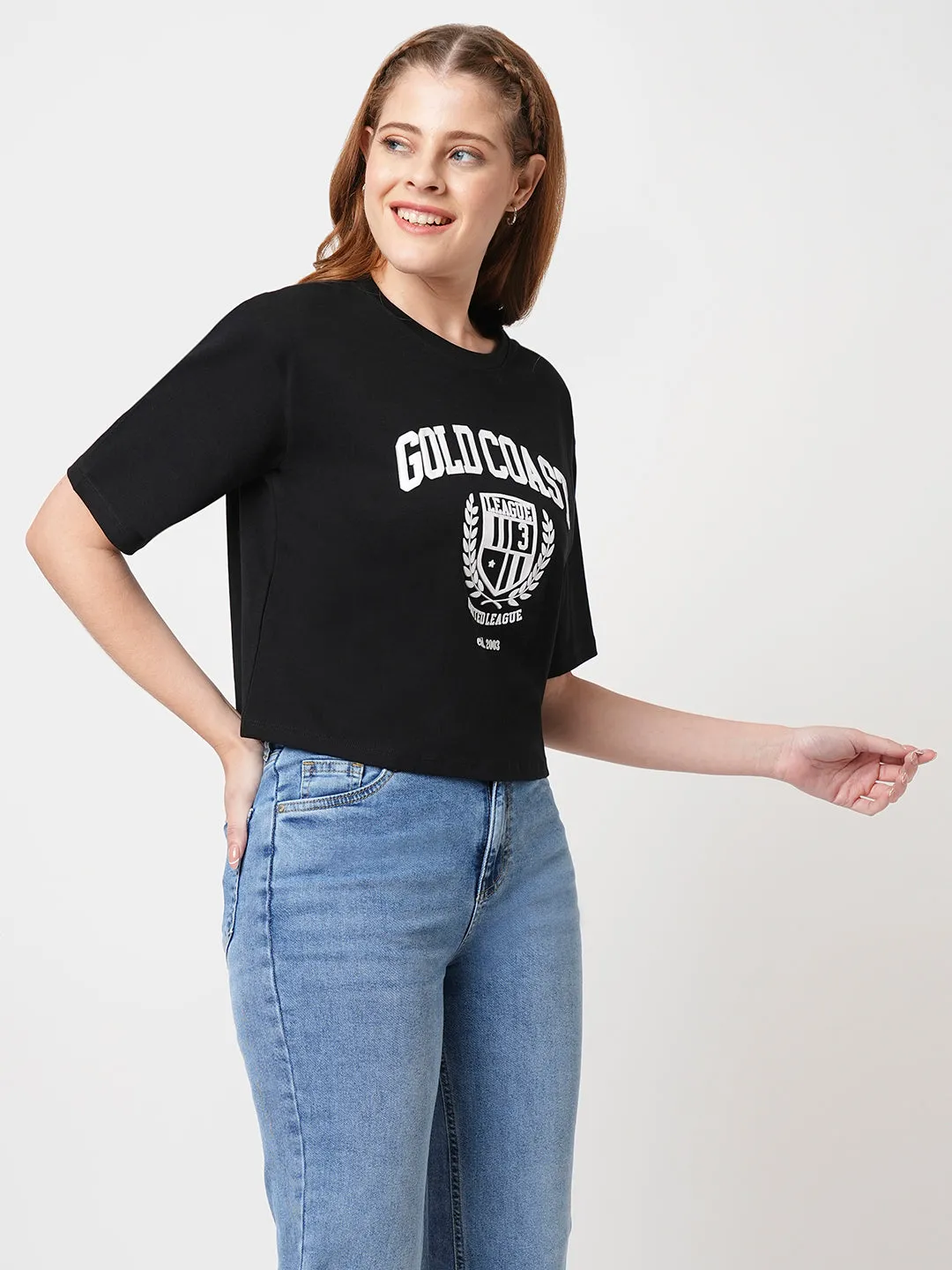 Women Slim Fit Black Crop T-Shirt Chest Print