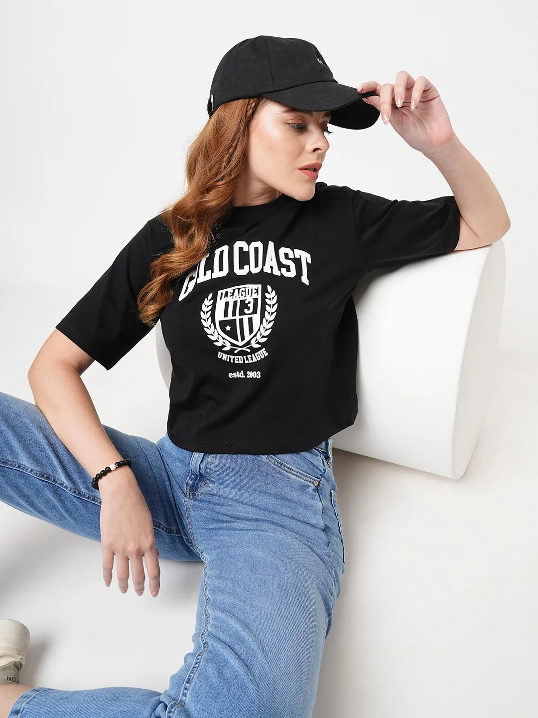 Women Slim Fit Black Crop T-Shirt Chest Print