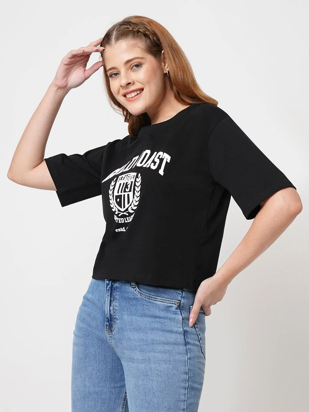 Women Slim Fit Black Crop T-Shirt Chest Print