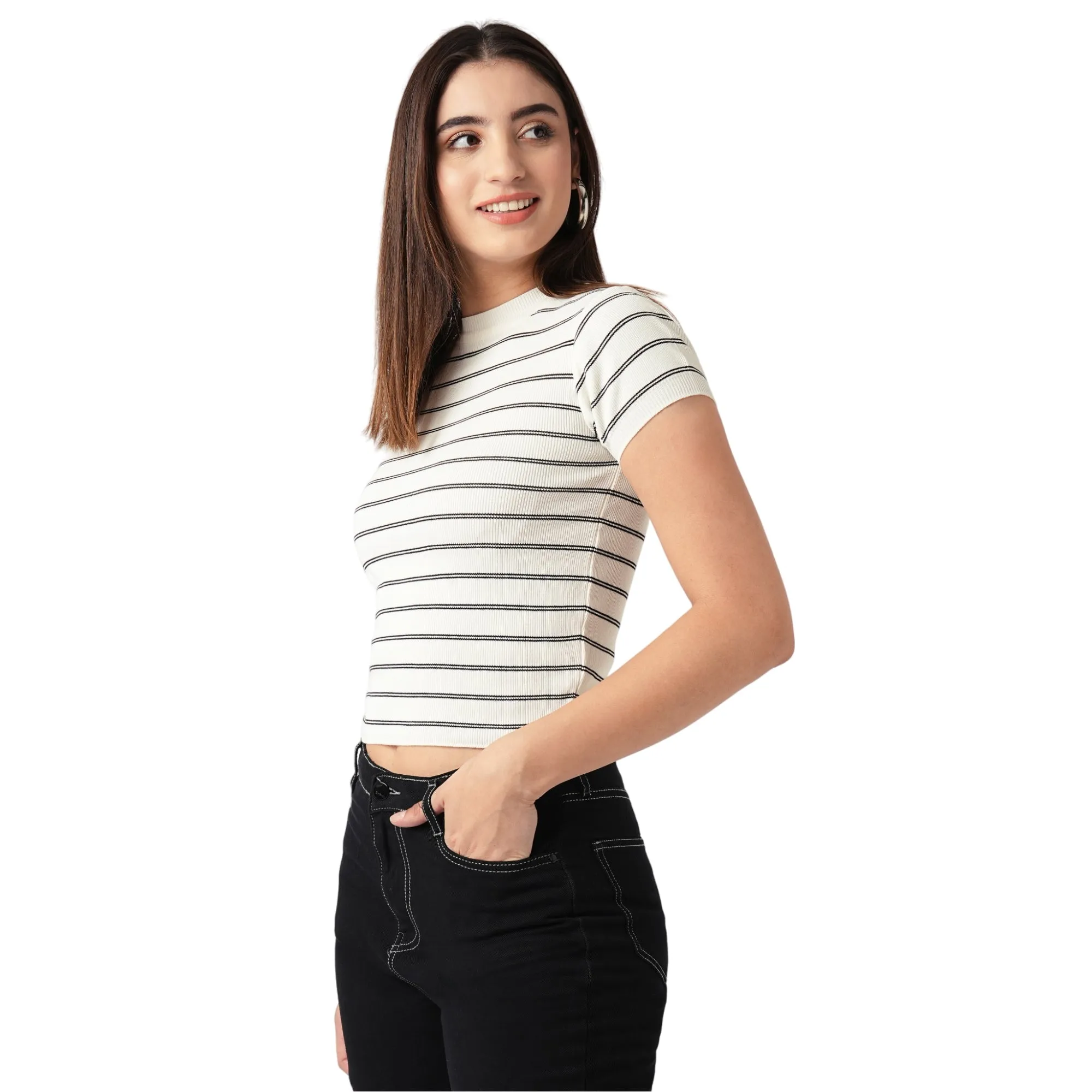 Women Slim Fit Black-White Striped Flat Knit Top