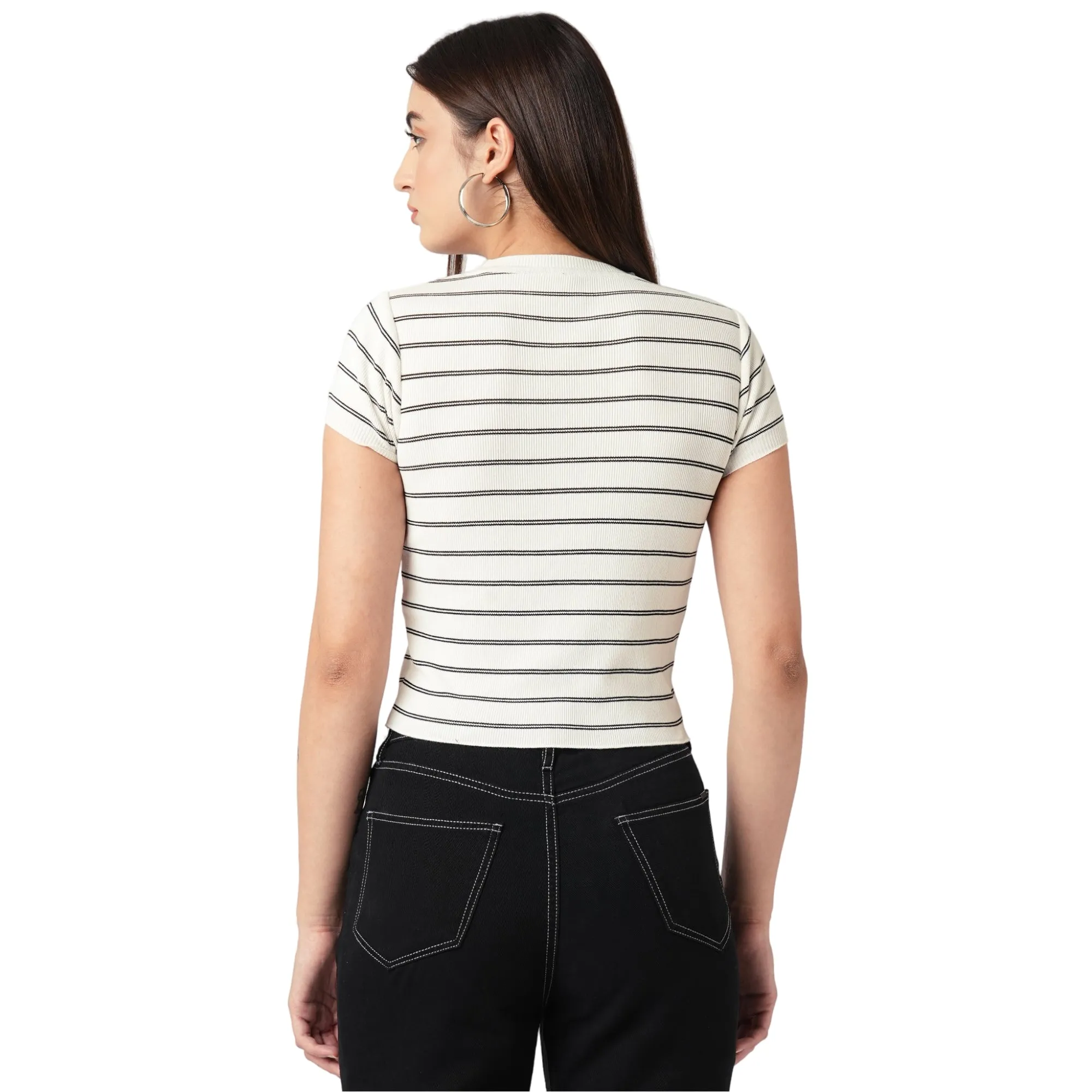 Women Slim Fit Black-White Striped Flat Knit Top