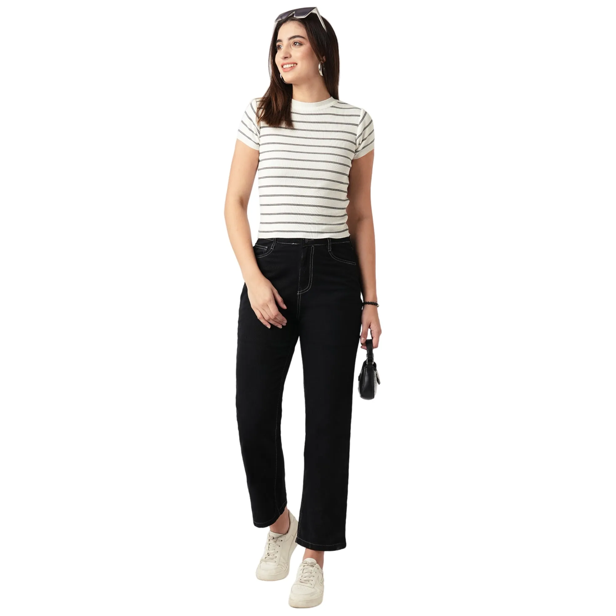 Women Slim Fit Black-White Striped Flat Knit Top