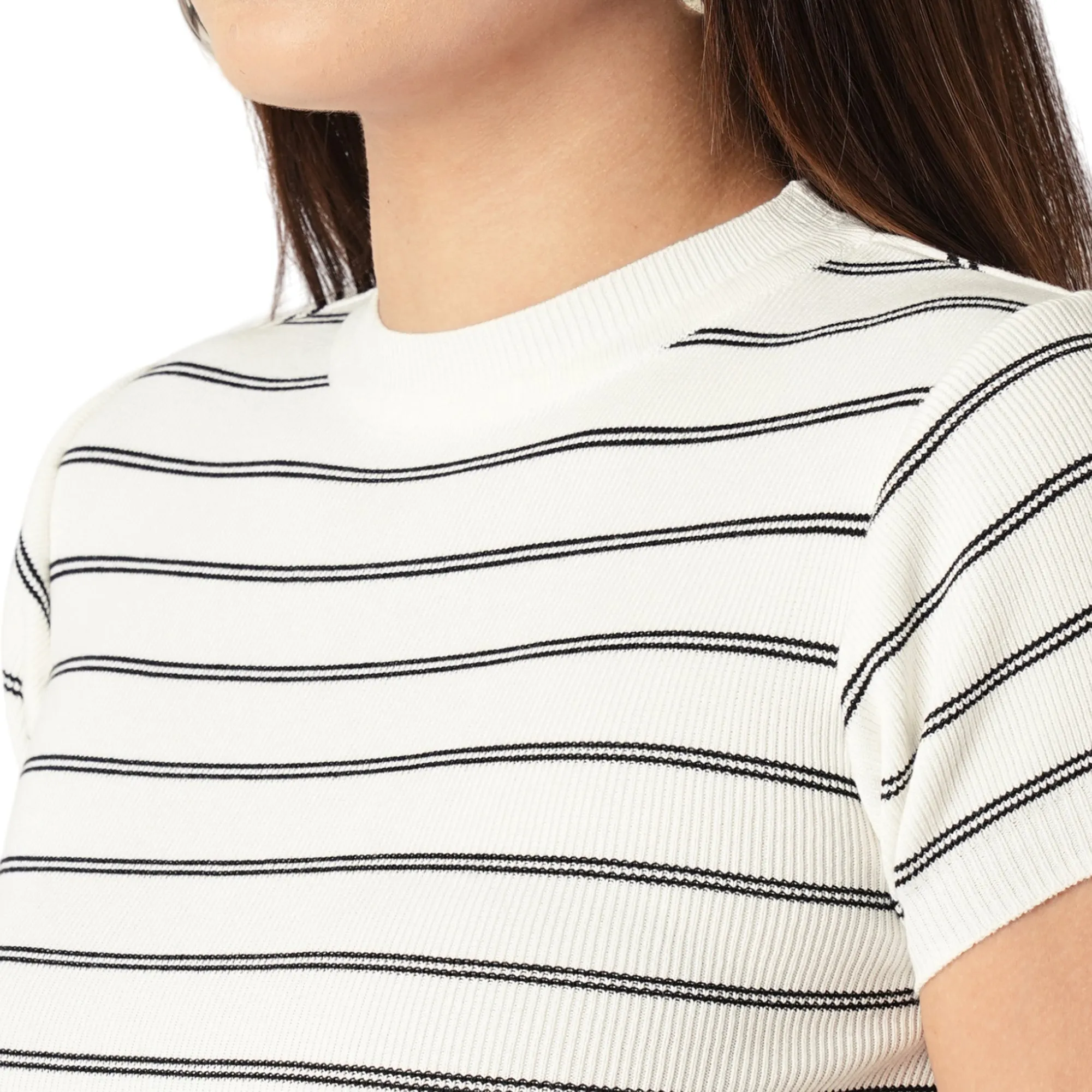 Women Slim Fit Black-White Striped Flat Knit Top