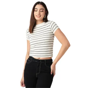 Women Slim Fit Black-White Striped Flat Knit Top