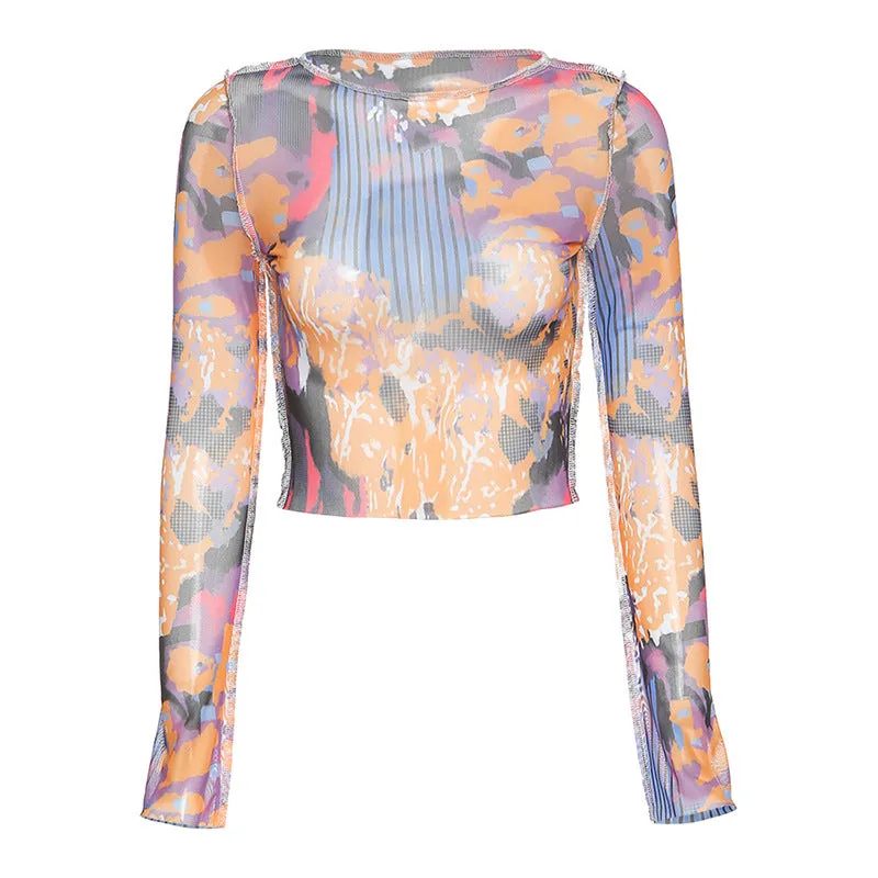 Women's round neck long sleeve see-through mesh printed T-shirt